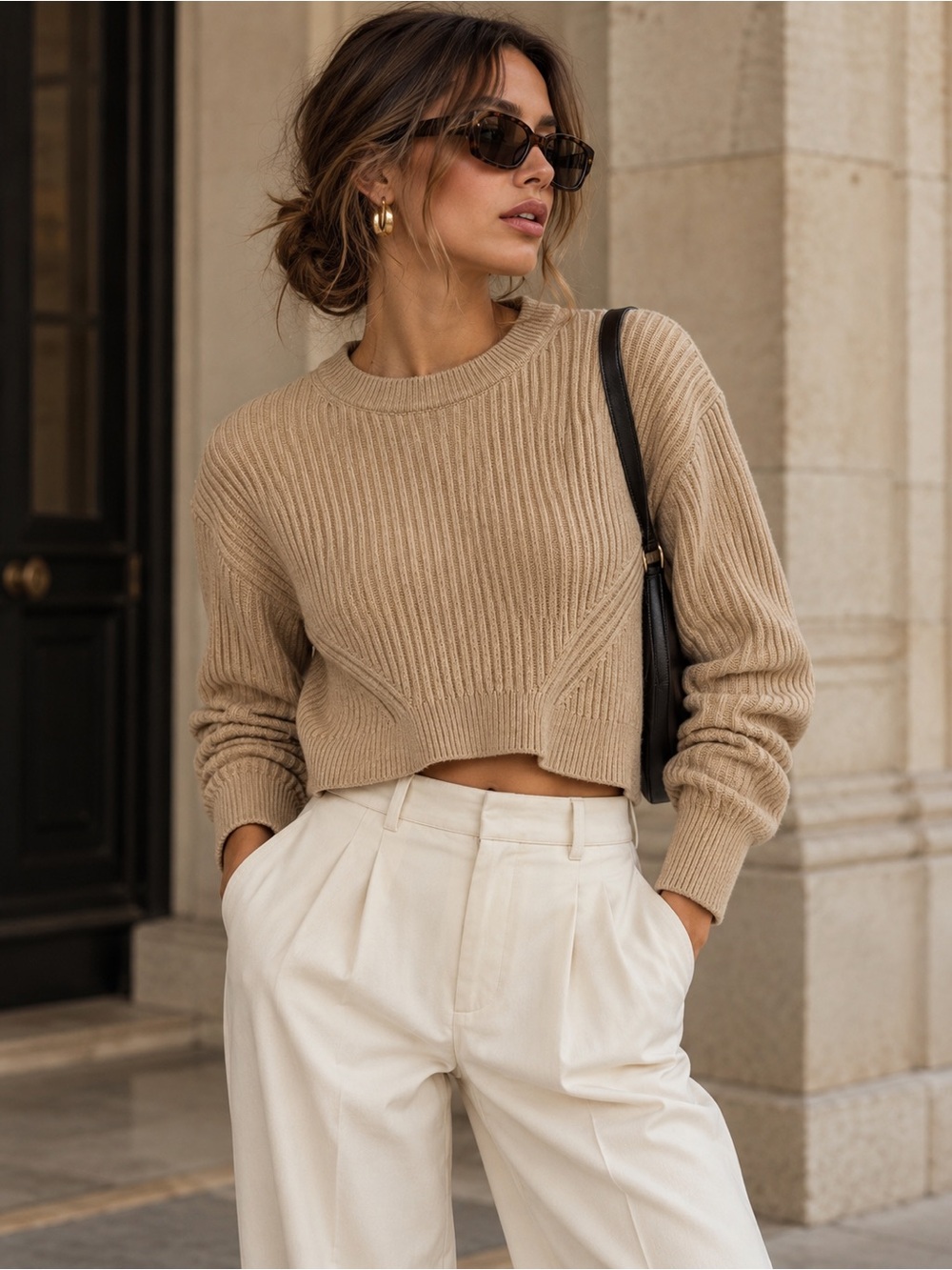 Wilfred Cropped Merino Wool Ribbed Knit Sweater Camel Medium  Quiet Luxury Top